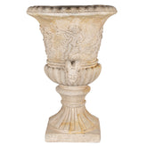 Antik hatású, félköríves kialakítású, angyaldíszítéses bézs fali kaspó elölről, klasszikus talpas lábazattal