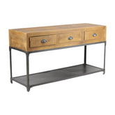 Loft stílusú mangófa-fém konzolasztal három fiókkal és alsó polccal, ferde nézetben