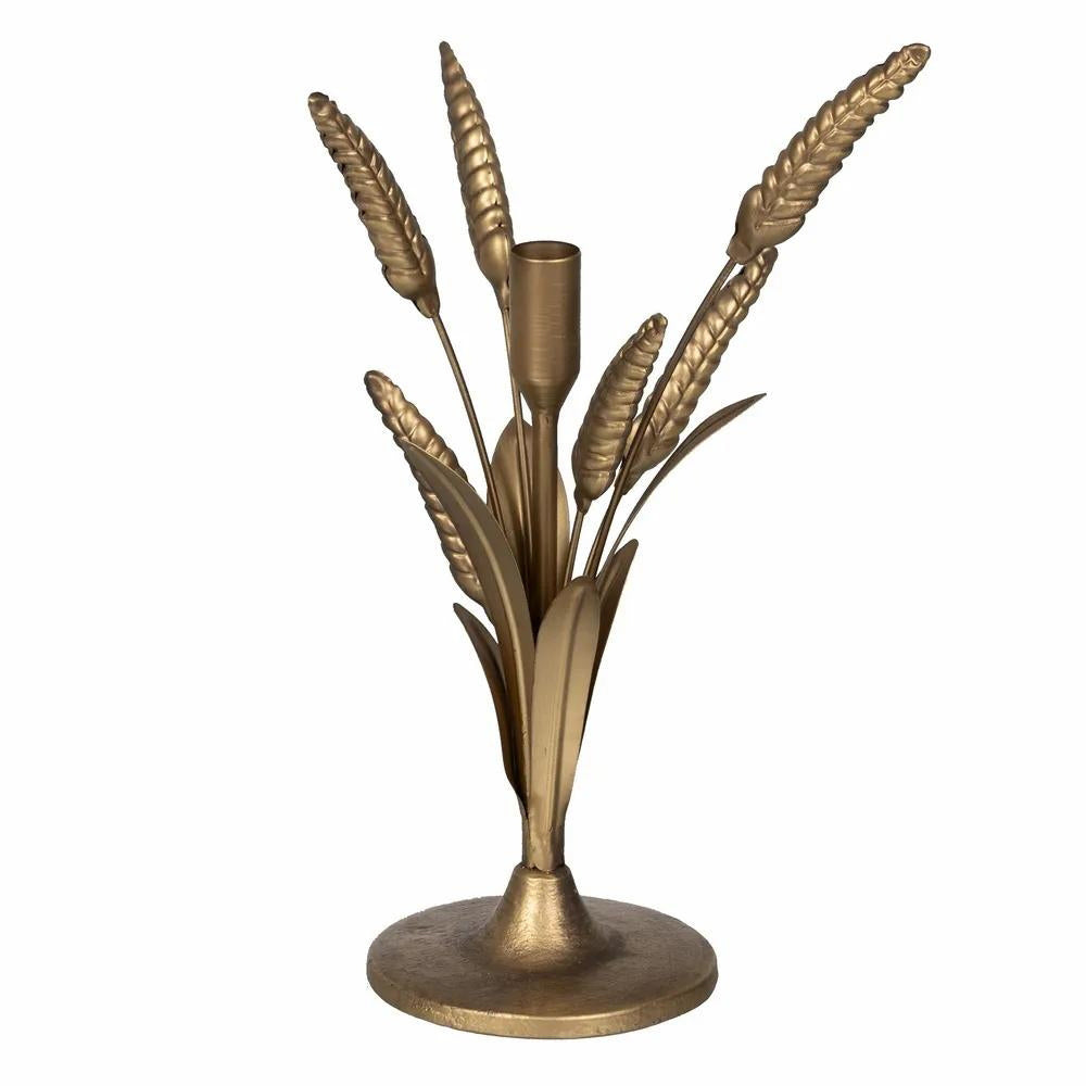 Növényi formát mintázó, antik aranyszínű fém gyertyatartó.