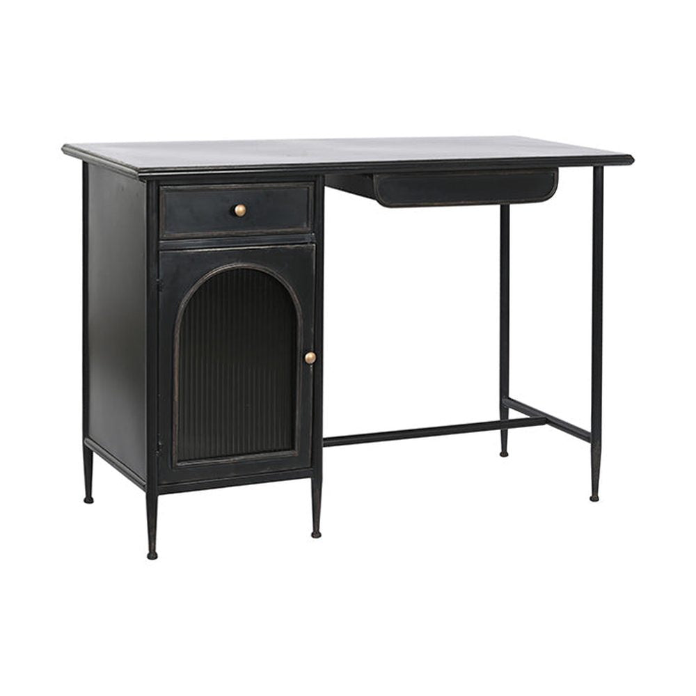 Antikolt felületű, fekete színű, fém íróasztal.