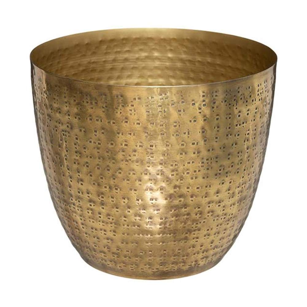 Antikolt felületű, rézszínű, kalapált fémből készült kézműves kaspó.