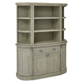 Tömör fenyőfából készült, mosott szürke színű, pácolt tálalószekrény.