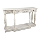 Antikolt, patinás felületű, fehér színű, 4 fiókos fa konzolasztal.