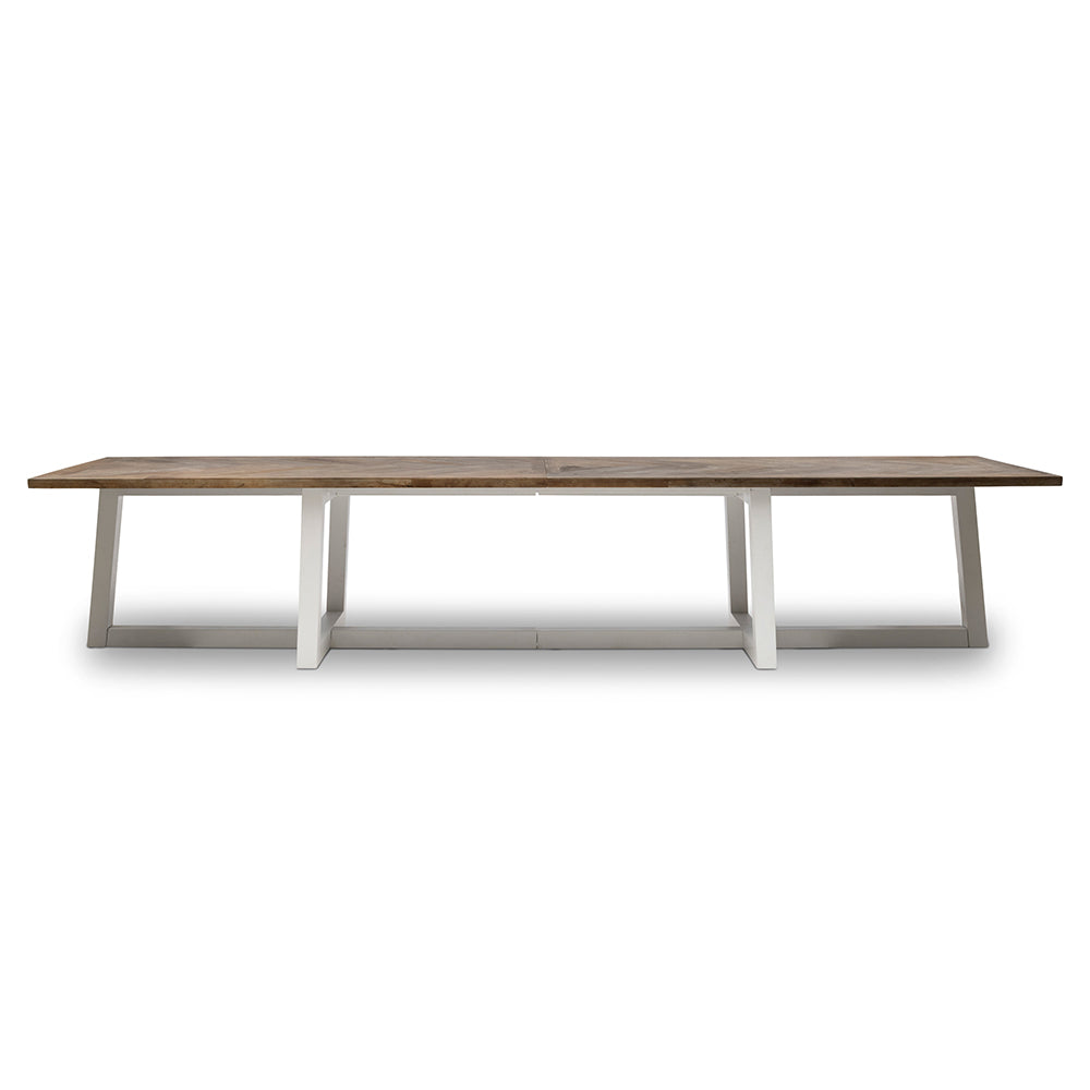 Parketta mintás szilfa étkezőasztal 400 cm fehér lábszerkezettel, modern design