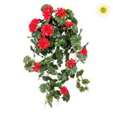 Piros virágú, UV-álló 66 cm hosszú csüngő mű muskátli dús levelekkel, erkély- és teraszdekorációhoz