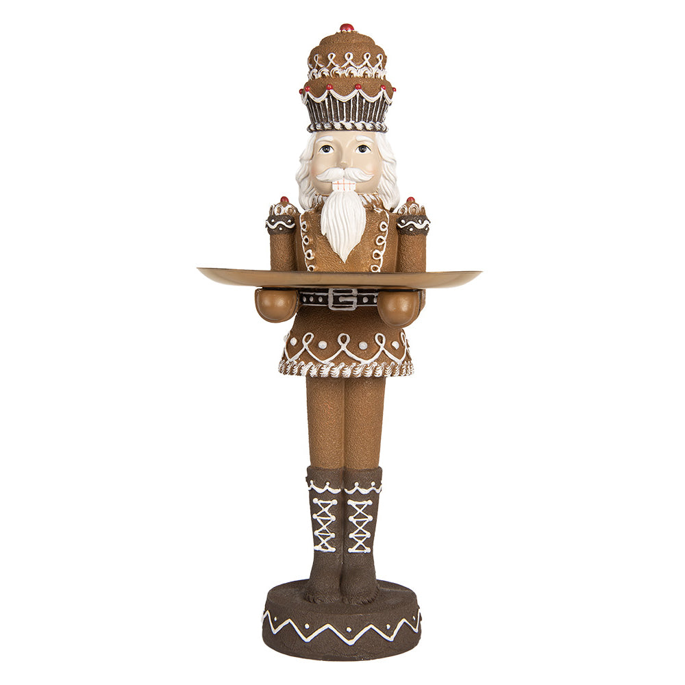 GINGERBREAD barna mézeskalács diótörő figura 40 cm aranyszínű tálcával elölnézet