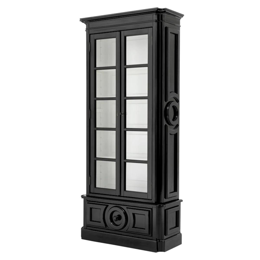 Fekete színű, 2 ajtós és 1 fiókos kialakítású, formatervezett vitrines design szekrény.