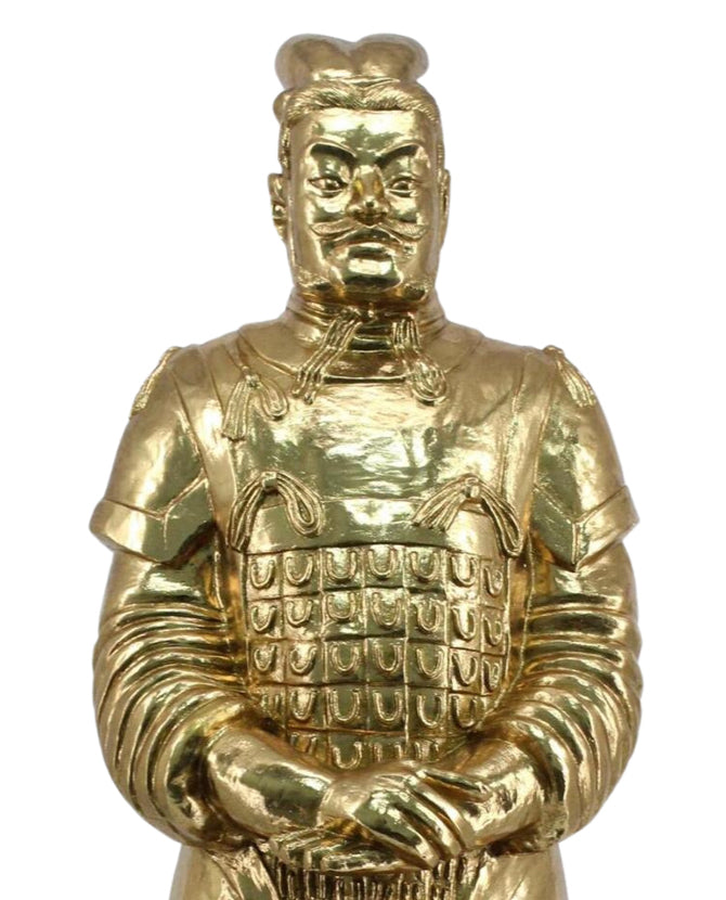 Arany színű, 110 cm magas, kínai harcost ábrázoló műgyanta szobor..