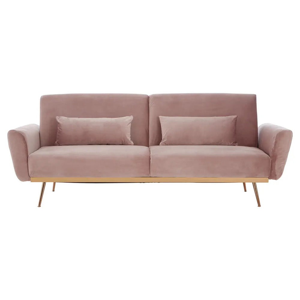 Púderpinkszínű bársonnyal kárpitozott, dönthető háttámlájú, ággyá alakítható 3 személyes kanapé.