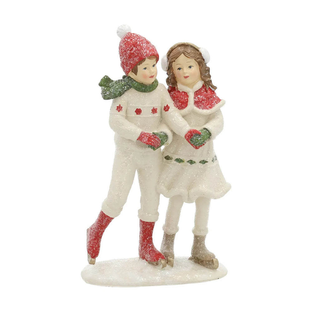 Heritage fehér karácsonyi korcsolyázó gyerek figurák elölnézetből, klasszikus téli stílusban