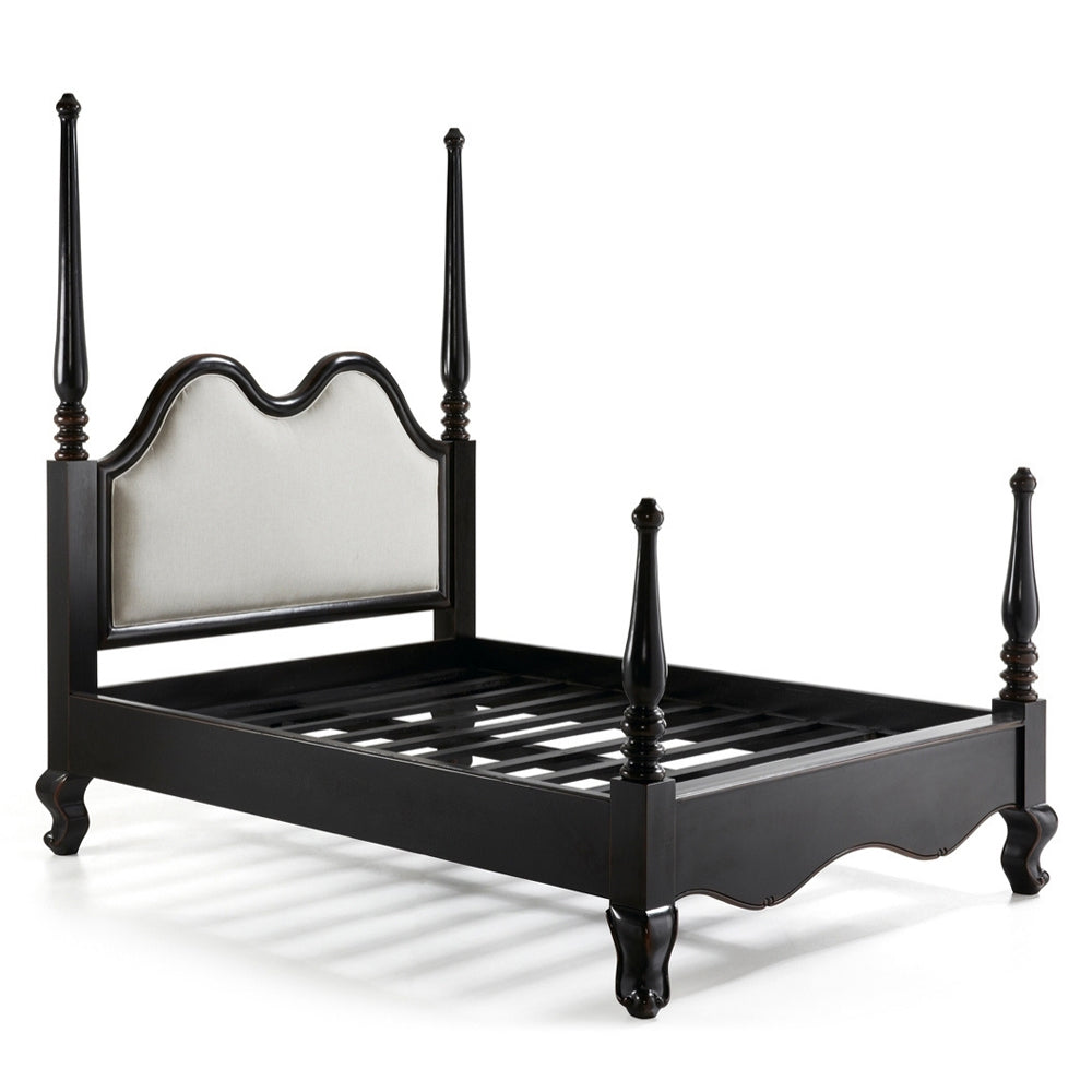 HERITAGE fekete mahagónifa franciaágy előlnézetben, szövetbetétes fejtámlával és díszes oszlopokkal