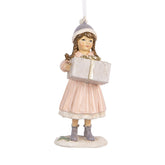 Heritage kollekció pink téli kislány karácsonyfadísz 11 cm, könyvet tartó figura.