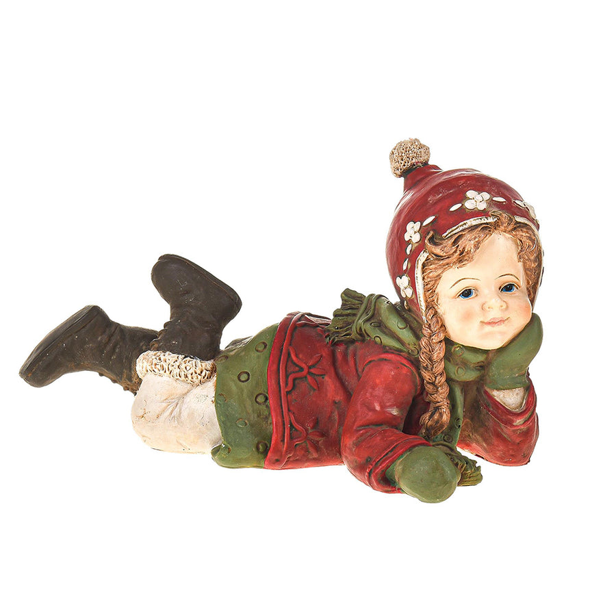 Heritage vintage Christmas winter girl 19 cm tall with red hood scarf and green coat in hand painted traditional attire