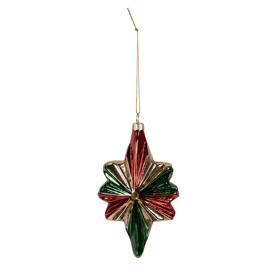 Christmas Heritage 14 cm-es piros zöld üveg csillag karácsonyfadísz arany akasztóval fehér háttéren