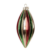 Vintage stílusú, hosszúkás, bordó-zöld-arany üveg karácsonyfadísz fehér háttérrel.