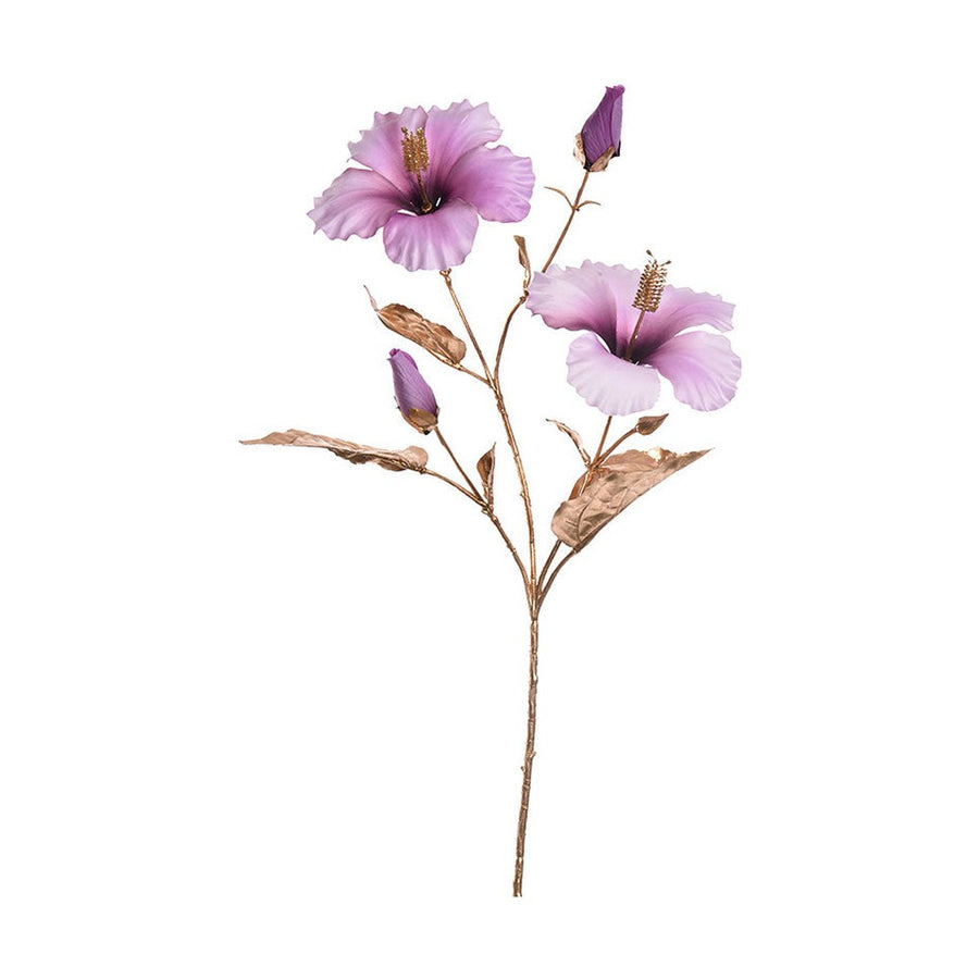 Fényes aranyszínű szárú és levelű, lila színárnyalatú mű hibiszkusz virág.