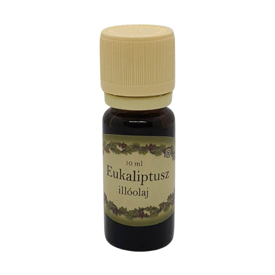 Eukaliptusz illóolaj 10 ml-es barna üvegcsében, krémszínű kupakkal – frissítő, légzéstisztító illattal, párologtatásra.