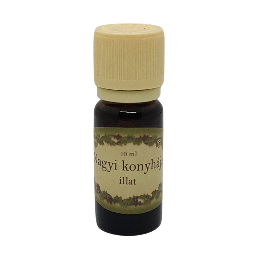 Nagyi konyhája illóolaj 10 ml-es barna üvegben, krémszínű kupakkal, nosztalgikus karácsonyi illat, párologtatóhoz.