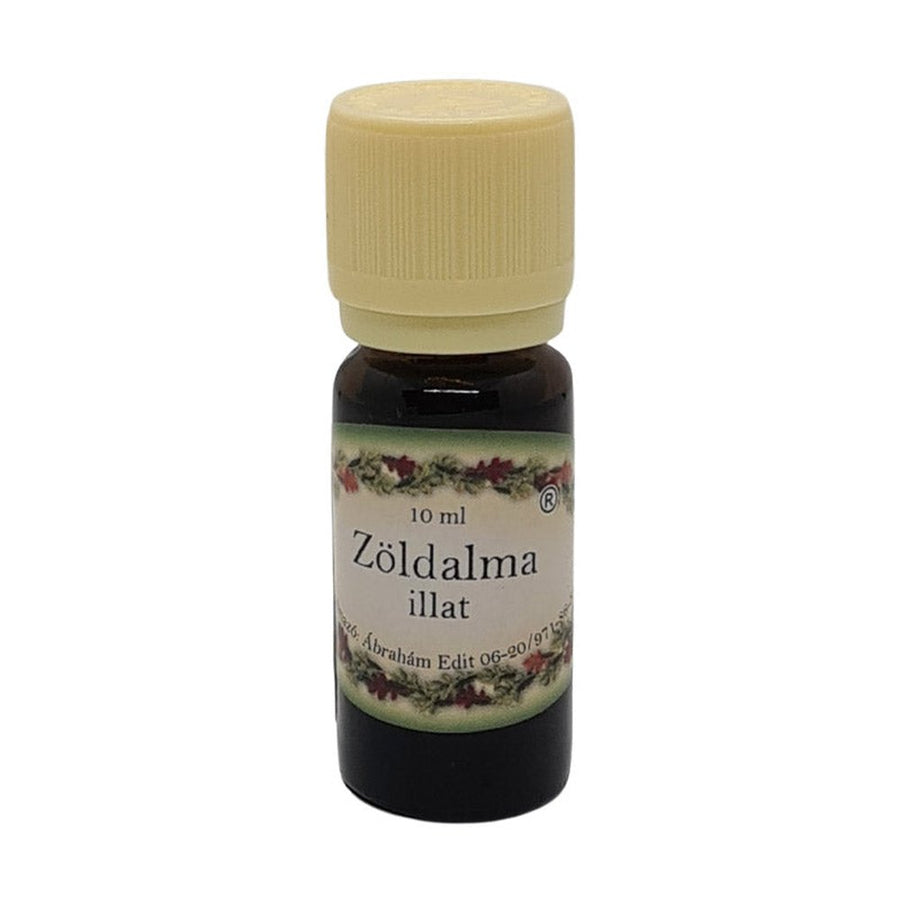Zöldalma illatú illóolaj 10 ml barna üvegcsében, bézs kupakkal – friss, enyhén savanykás, üde gyümölcsös aromaterápiás olaj.