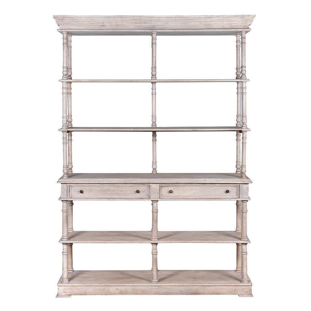 IMPERIAL akácfa könyvespolc elölnézetben, oszlopos szerkezettel és fiókokkal