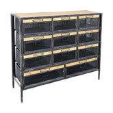 Fekete színű vasból és natúr színű fenyőfából készült 11 fiókos komód.