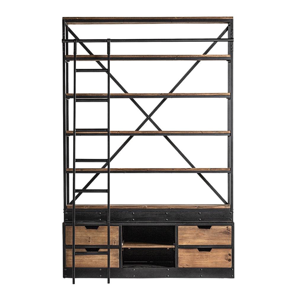 Ivalo fenyőfa-vas könyvespolc létrával, ipari stílusban