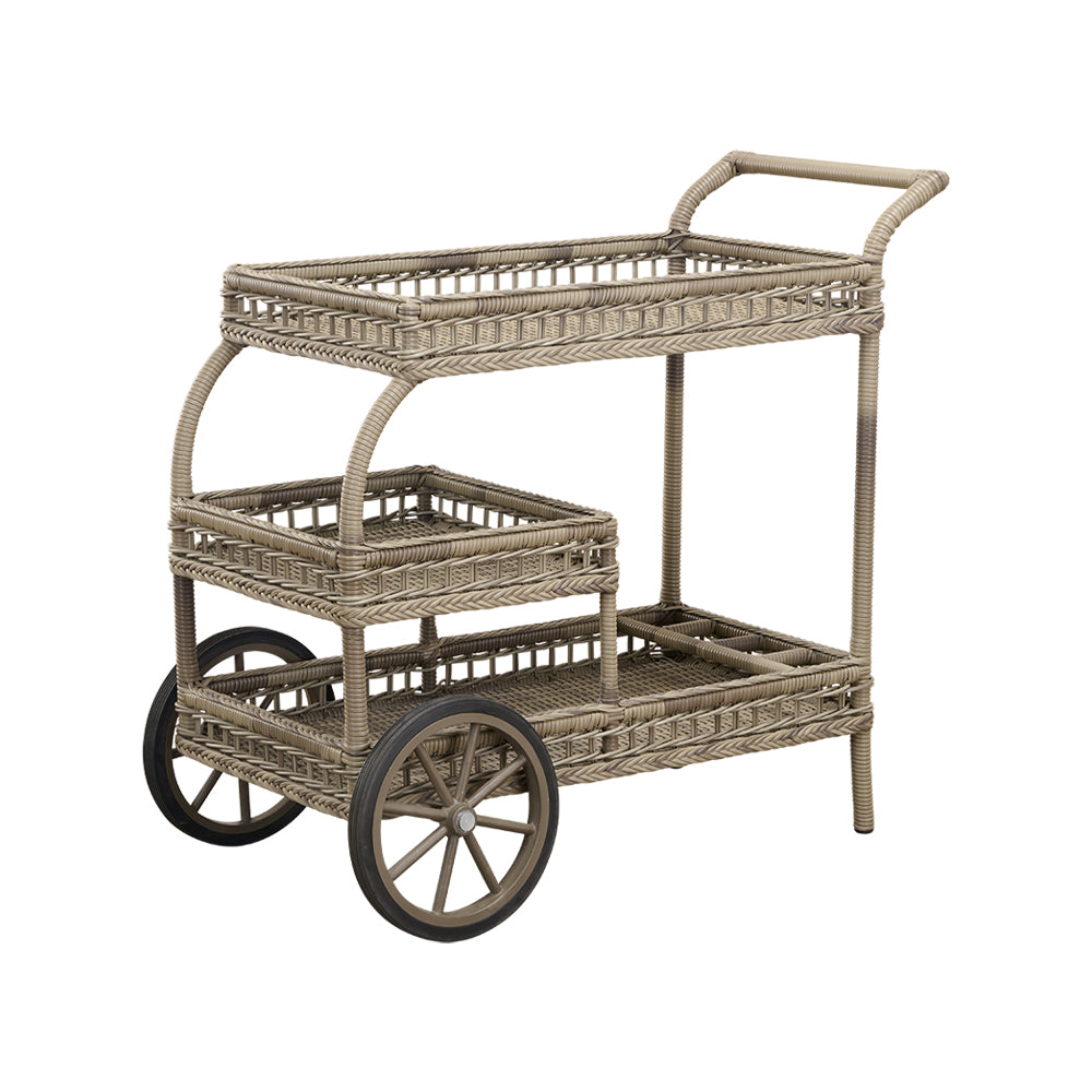 Antikszürke színű, műrattan kerti bárkocsi.