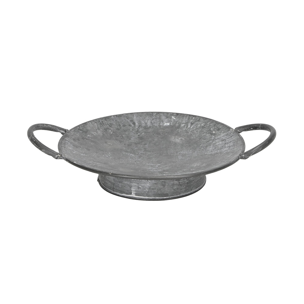 JUNKER szürke bádog tál 24 cm átmérővel, két oldalsó füllel, rusztikus, antikolt felülettel, vidéki stílusú lakberendezéshez.