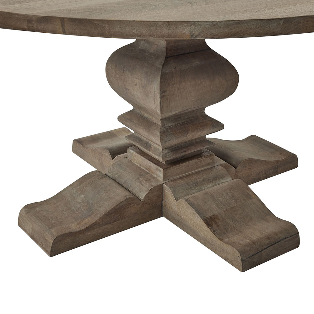 Keményfából készült, kerek formájú, tömörfa étkezőasztal.