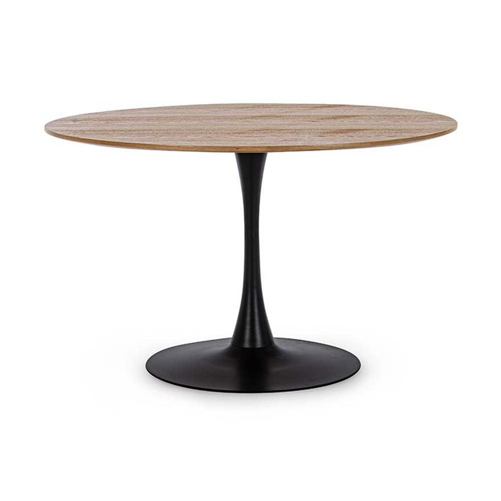 Kerek formájú, modern megjelenésű étkezőasztal.