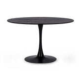 Fekete színű, kerek formájú, 6 személyes étkezőasztal.