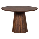 Mangófából készült, kerek formájú, diószínű dizájn étkezőasztal.