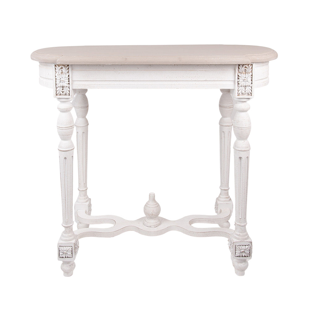 Antikolt, patinás felületű, fehér színű, fa konzolasztal.