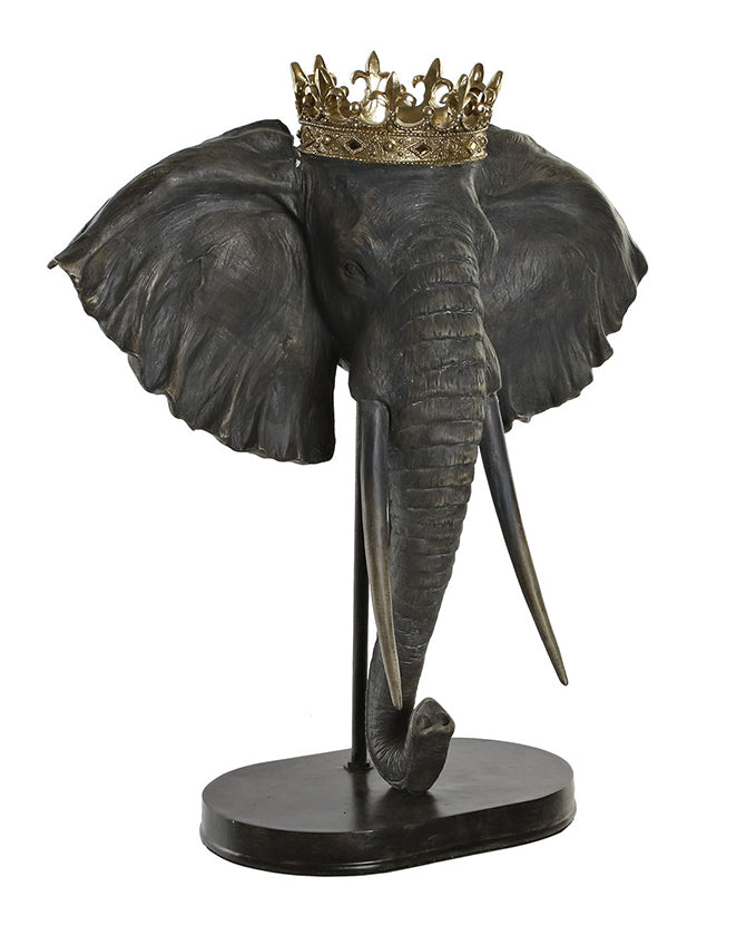 Szürke színű koronás elefánt figura, fekete talapzaton.
