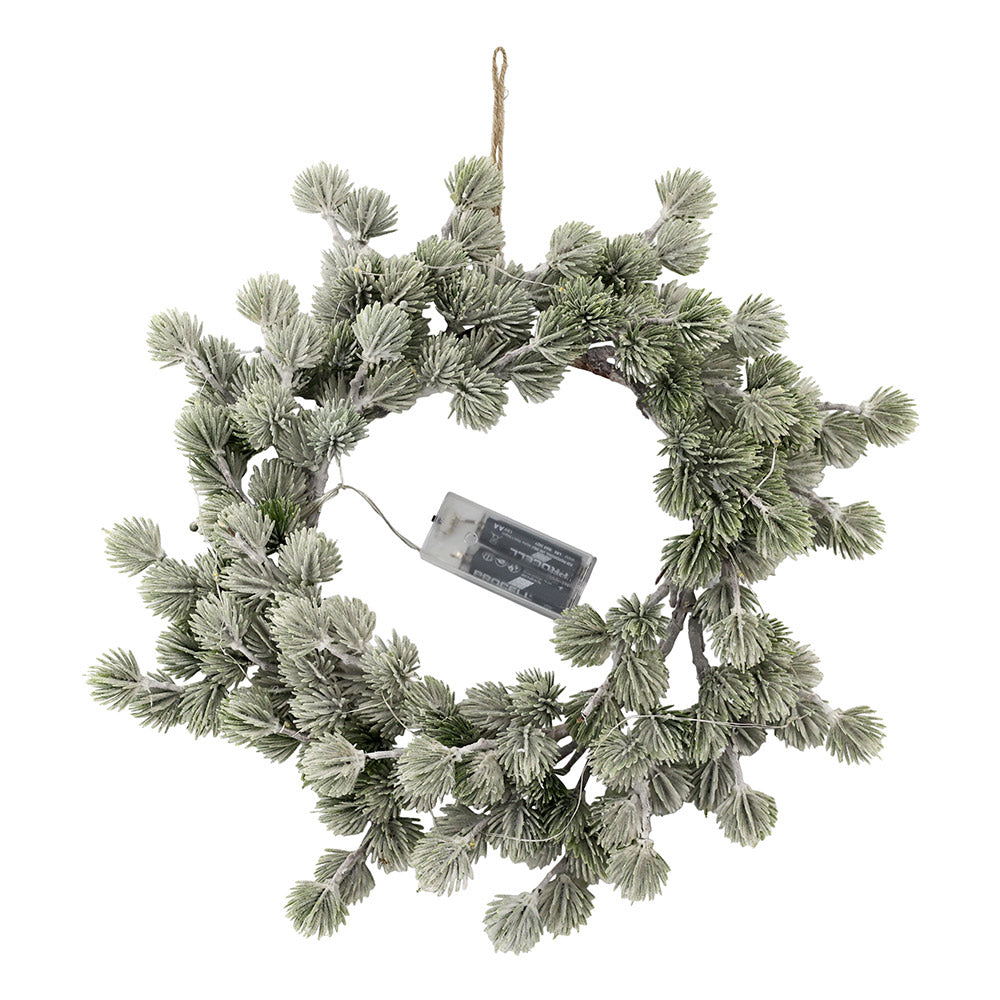 Melegfehér fényű LED-el felszerelt, mű cédrus fenyő koszorú.