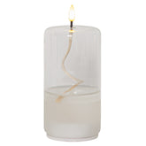 Áttetsző henger formájú, üvegből készült, textilkanócos LED olajlámpa.