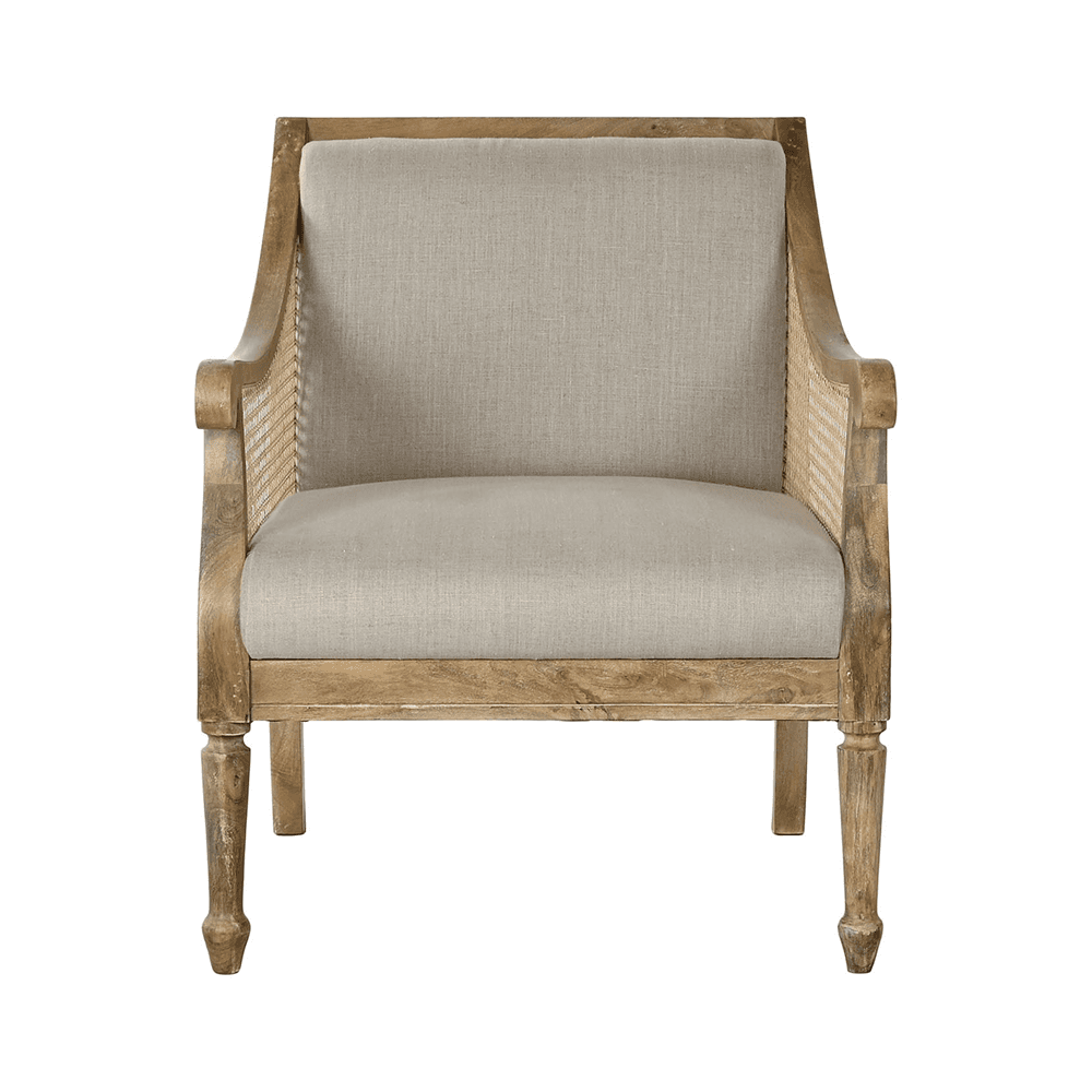 Elölnézet – LINA bézs mangófa fotel koloniál stílusban, vászonkárpitozással.