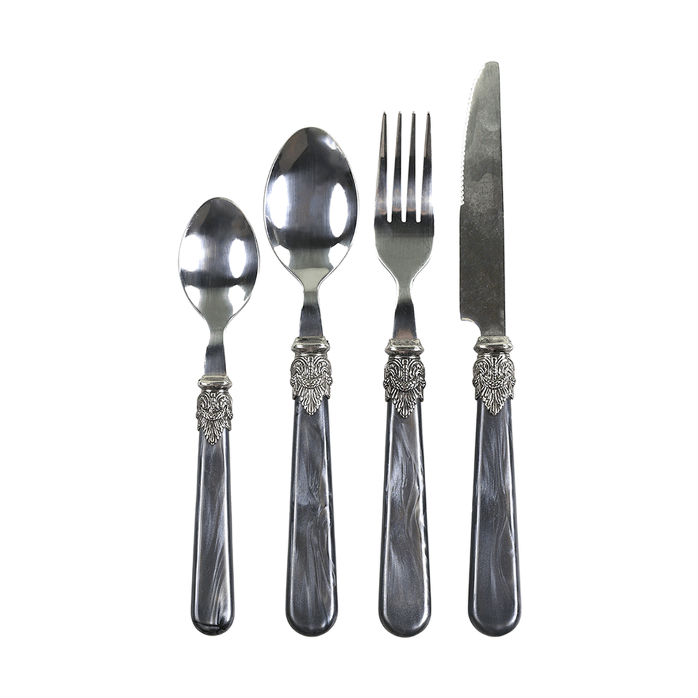 Négydarabos, antik szén színű, akril nyéllel rendelkező, vintage stílusú evőeszközkészlet.