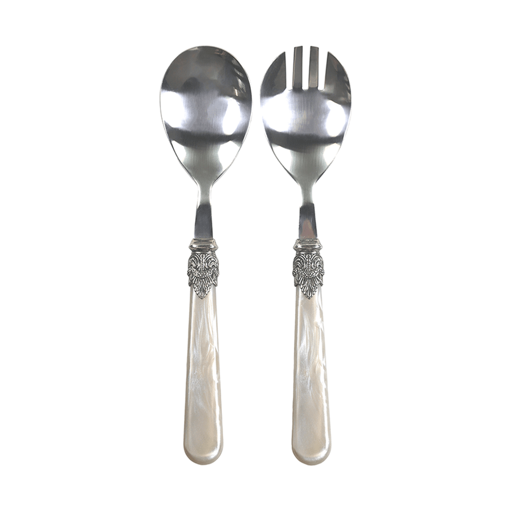 Antik pezsgőszínű, akril nyéllel rendelkező, vintage stílusú salátás villa és kanál szett .