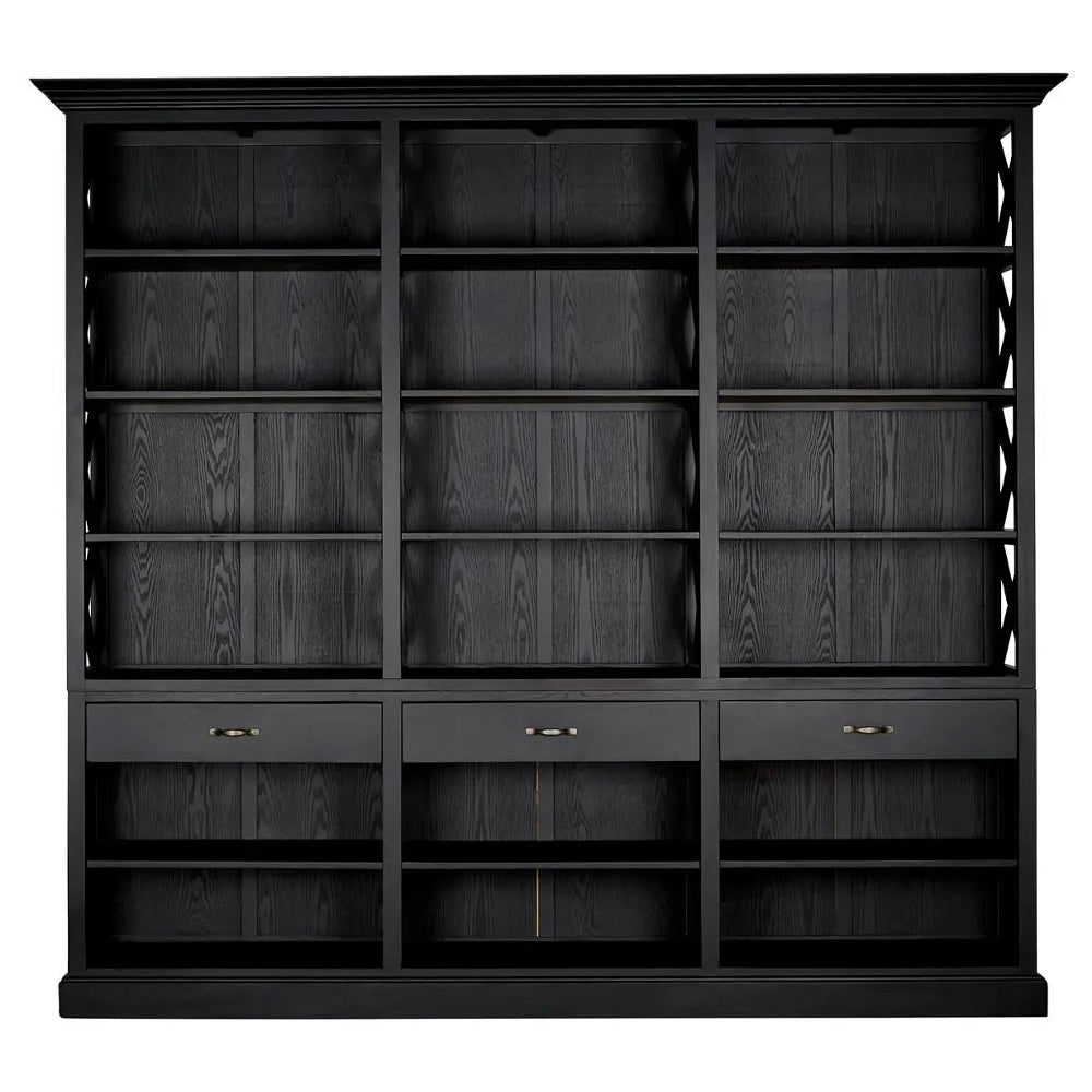 Nyírfából készült, matt fekete színű, háromosztatú, óriás méretű, kortárs fiókos könyvespolc.