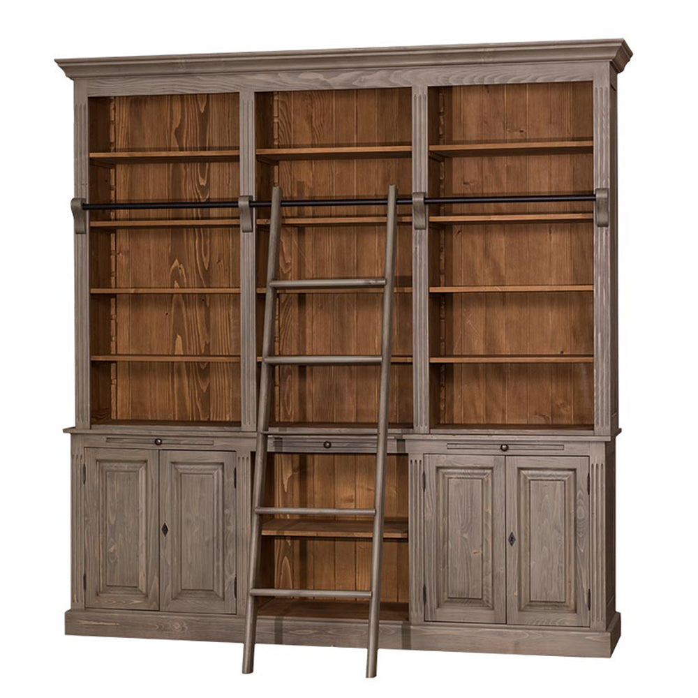 Tömör fenyőfa könyvszekrény három osztással, létrával, klasszikus szürke kivitelben.