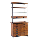 Mangófából és vasból készült kézműves fiókos könyvespolc.