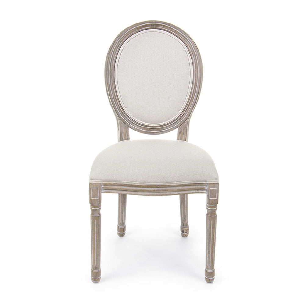 Fehér pigmentes olajjal kezelt, tömör nyírfából készült, ekrüszínű pamutvászonnal kárpitozott szék.