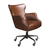 Sötétbarna marhabőrrel kárpitozott, álltató magasságú, forgó bőrfotel.