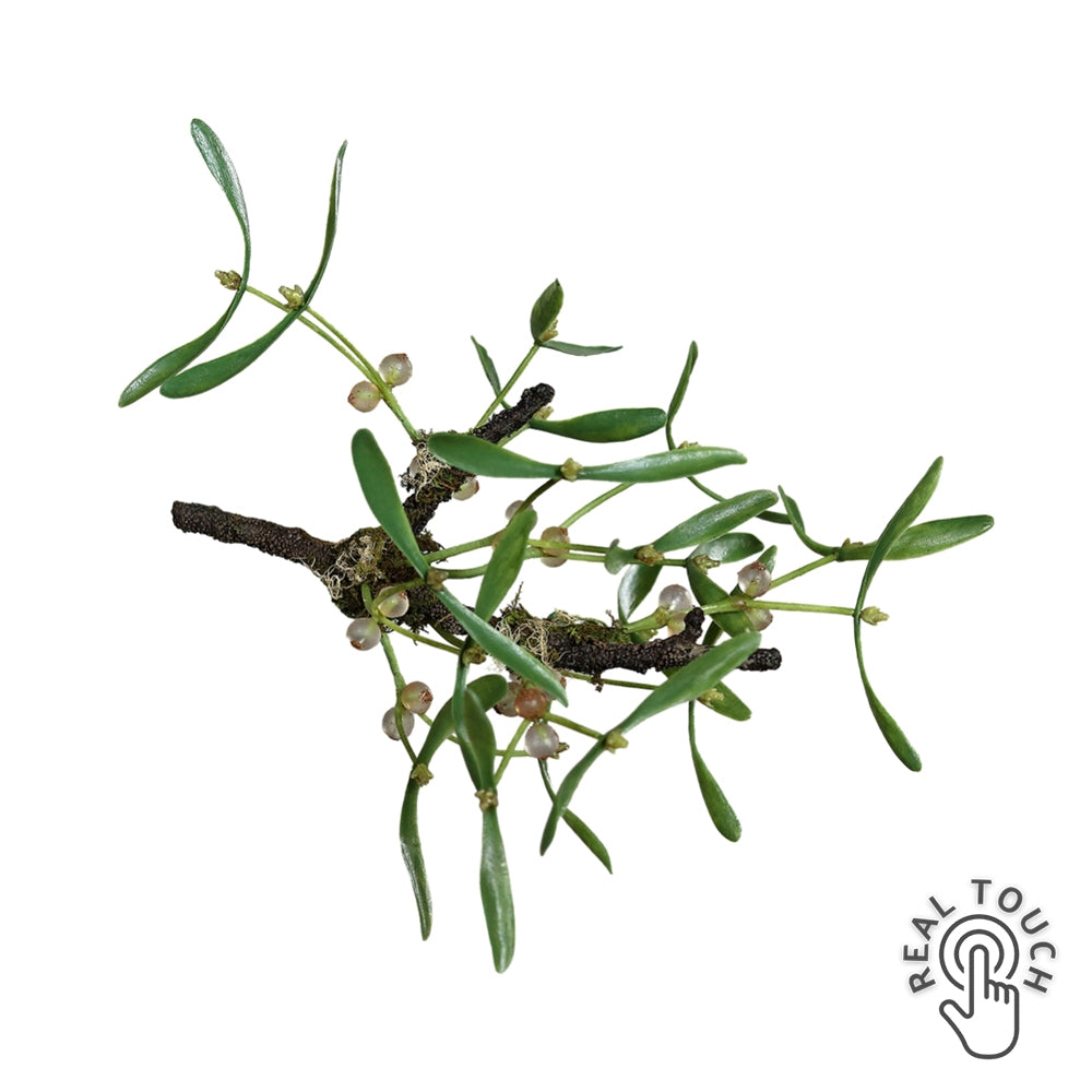 Zöld mű fagyöngy ág Real Touch hatással, 25 cm hosszú, 20 cm átmérőjű karácsonyi dekoráció.