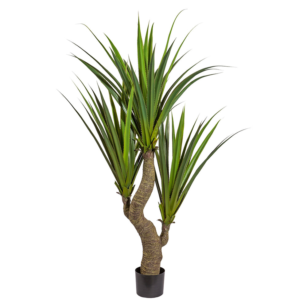 Zöld színű levelű, agave műnövény, fekete műanyagkaspóban.