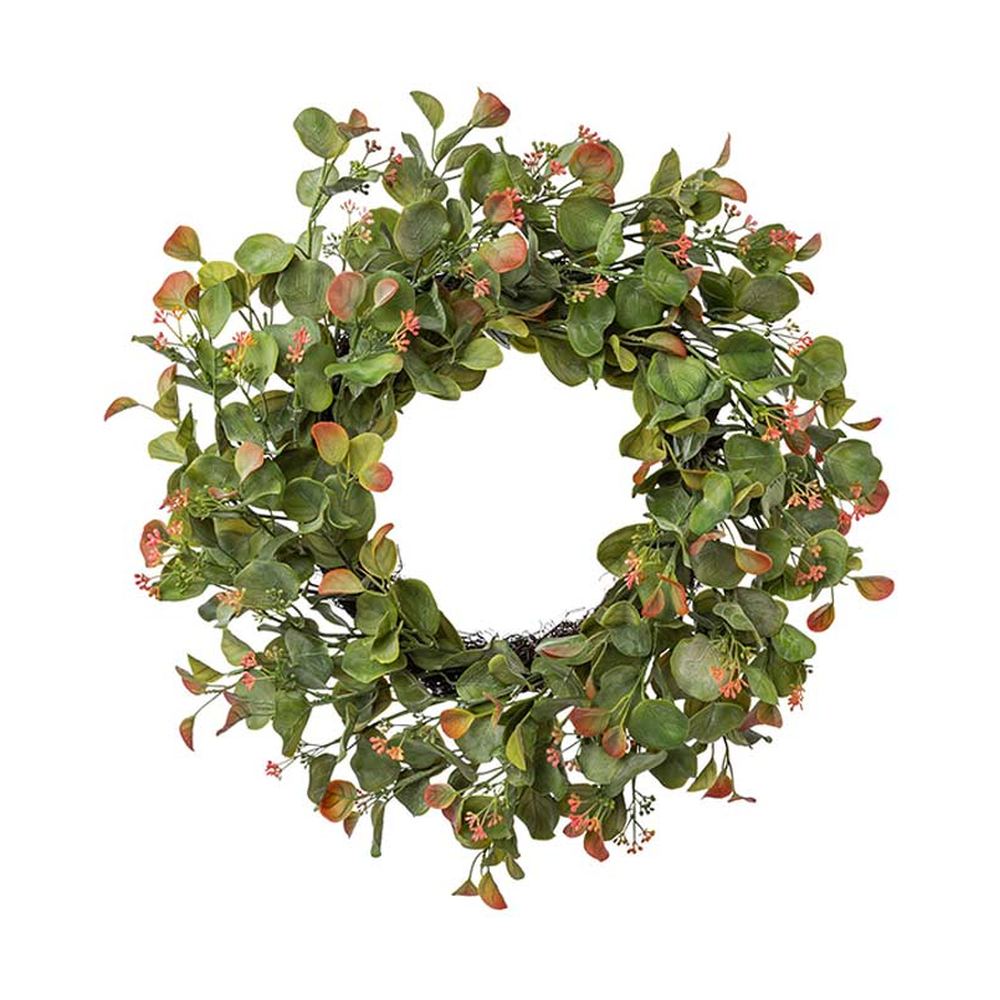 Virágzó, dús kialakítású, mű eukaliptusz koszorú.