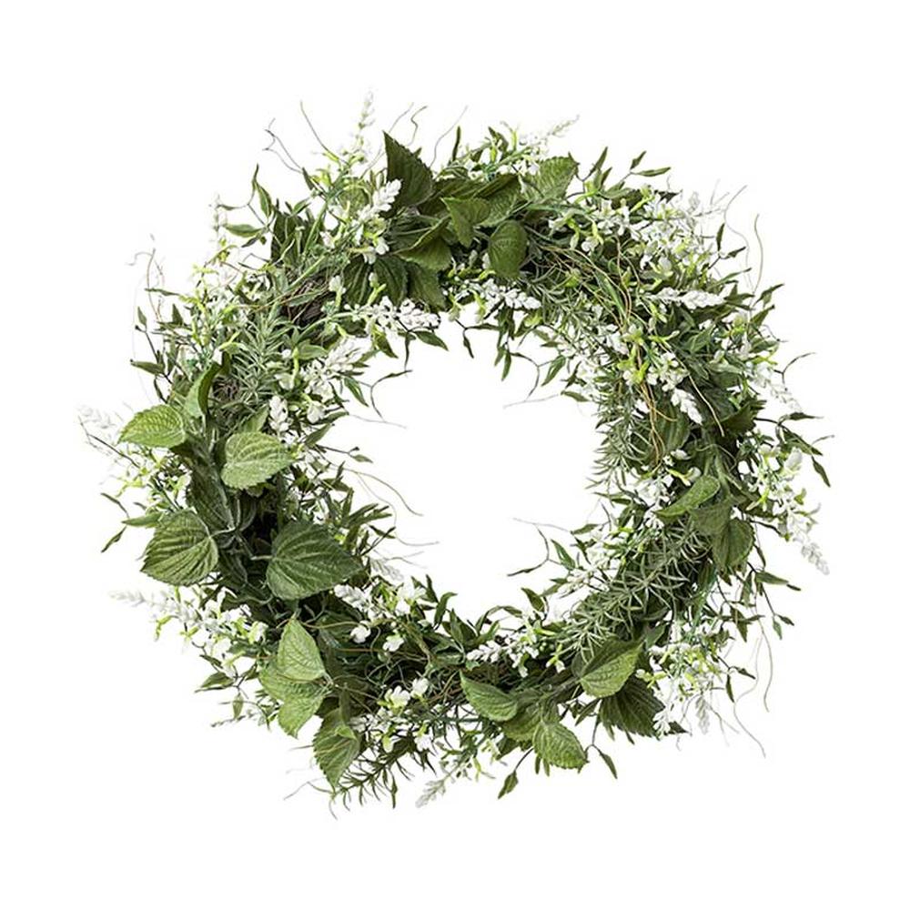 Fehér virágzatú mű levendula koszorú.