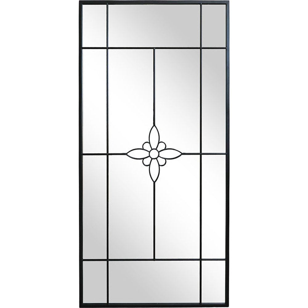 Fekete színű, nagyméretű, fémből készült, loft stílusú falitükör.