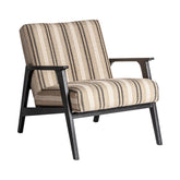 Fekete színre festett mangófából készült, bézs színű, csíkos szövettel kárpitozott fotel.